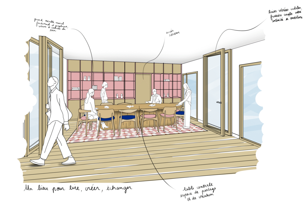 alt="Illustratrice en architecture – illustration de projet client d'une librairie"