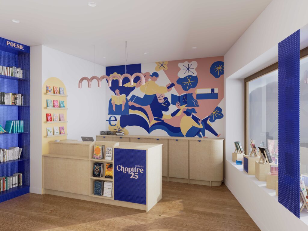 alt="Image de rendu 3d du comptoir de la librairie"