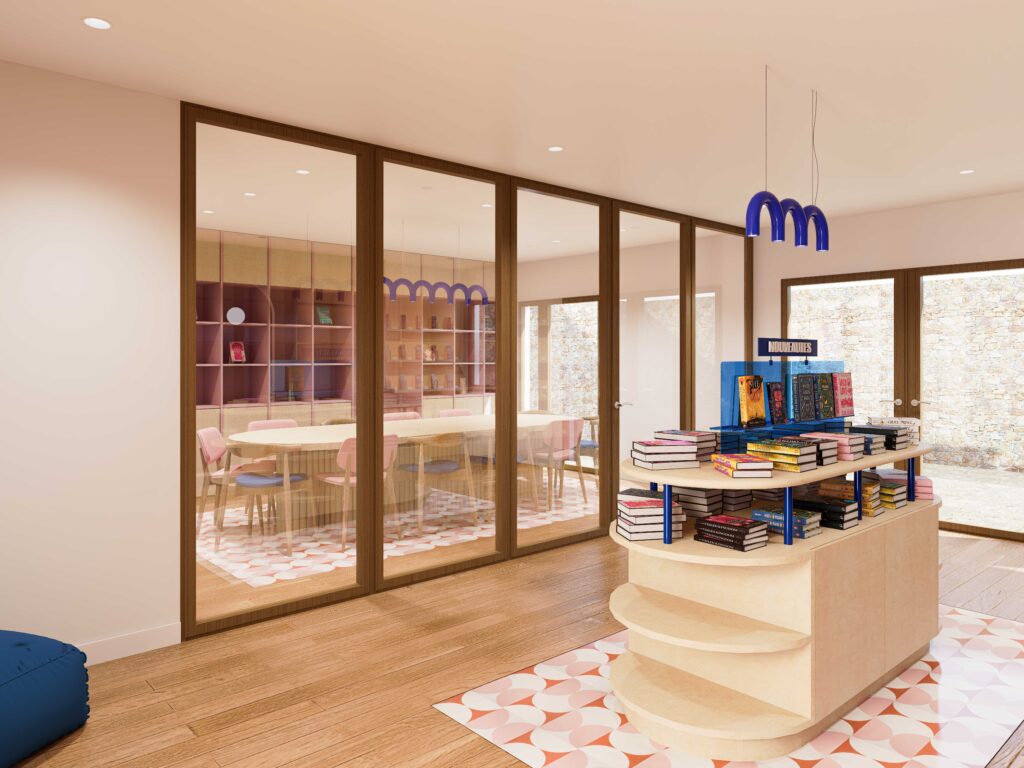 alt="Image de rendu 3d de l'espace collectif/atelier la librairie"