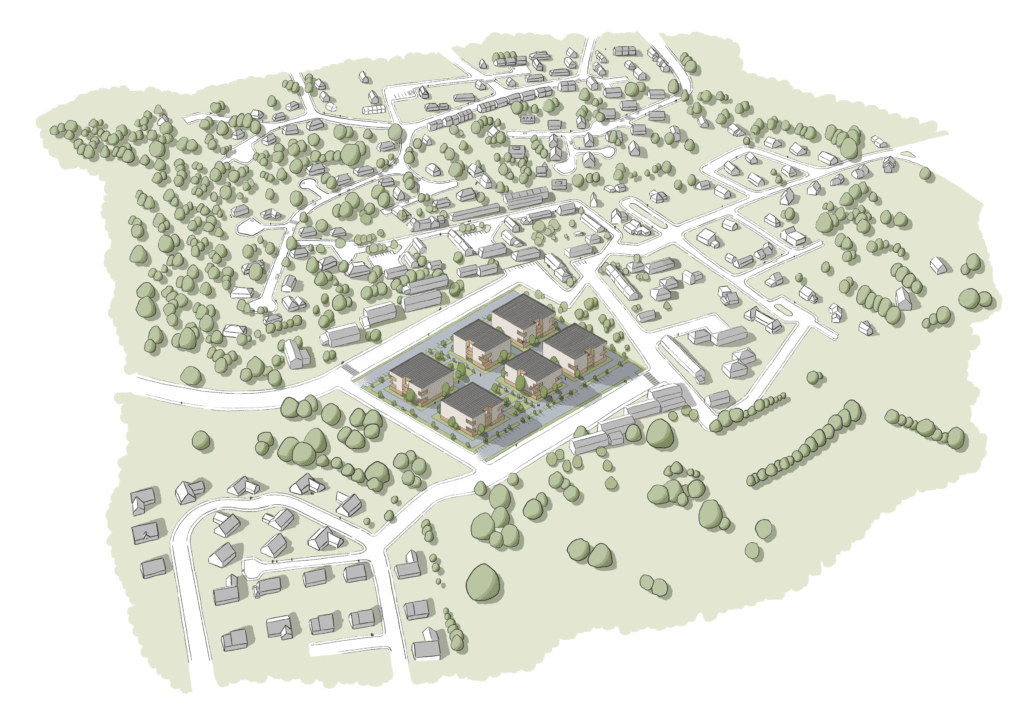 alt="illustratrice en architecture- Vue aérienne intermédiaire d'un projet d'habitations"