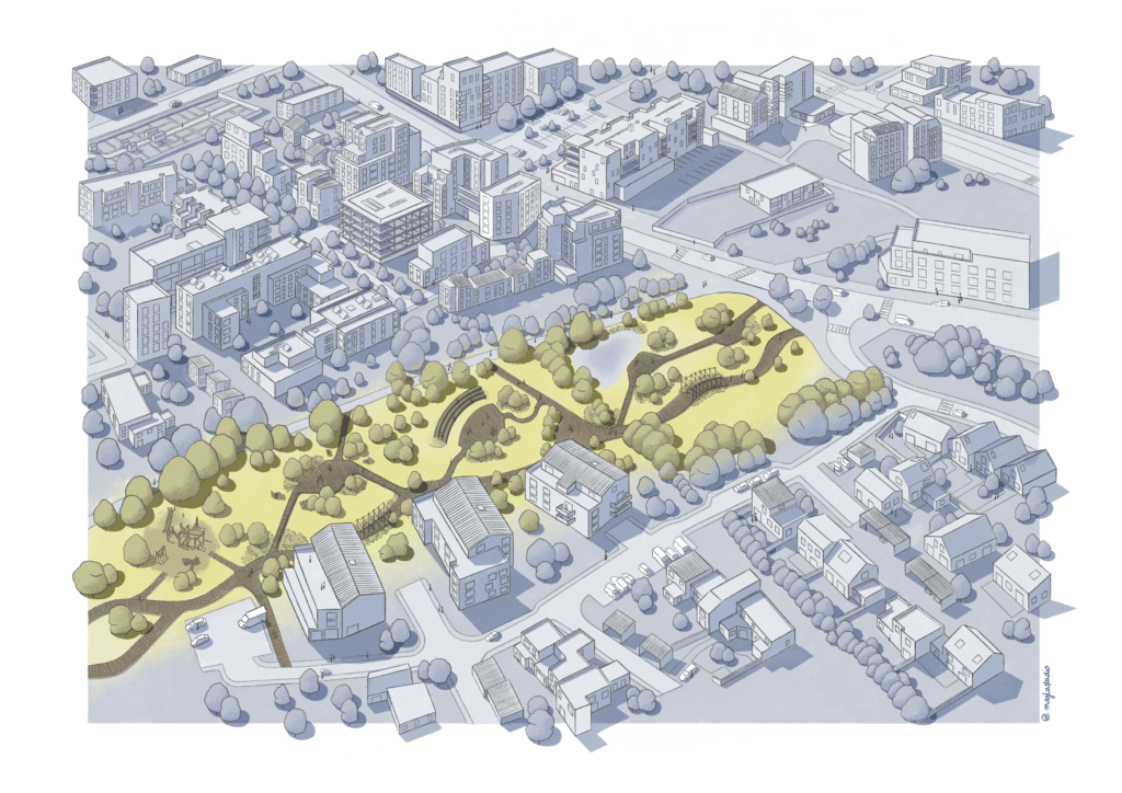 alt="Illustratrice en architecture -illustration axonométrique d'un parc urbain paysage au cœur d'un quartier résidentiel"